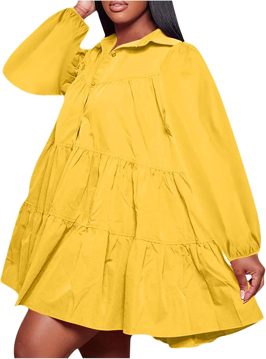 Womens Casual Button Down Shirt Dress Long Sleeve Collared Pleated Swing Mini Dresses Ruffle Hem Dress Plus Size Shirt Dress