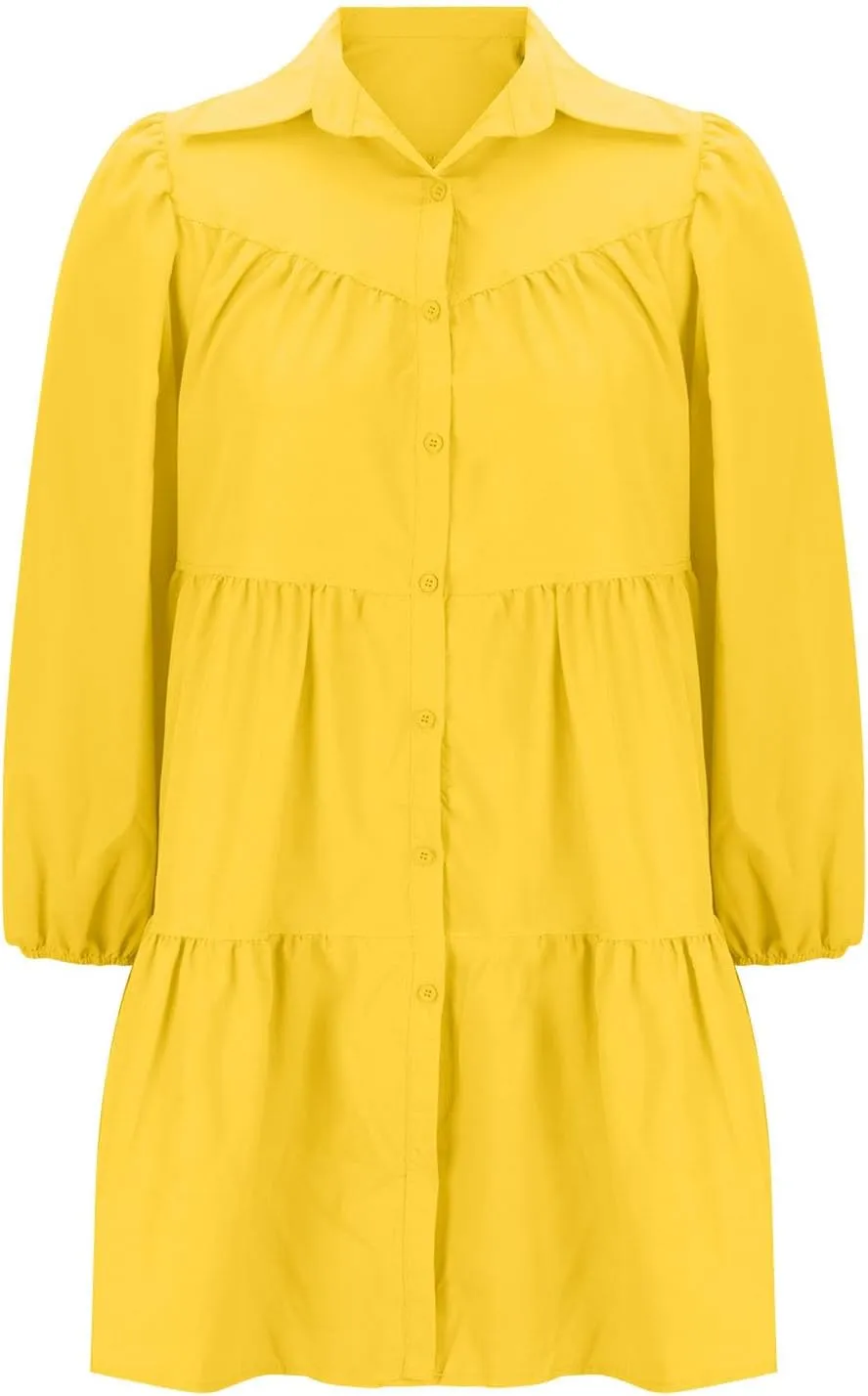 Womens Casual Button Down Shirt Dress Long Sleeve Collared Pleated Swing Mini Dresses Ruffle Hem Dress Plus Size Shirt Dress