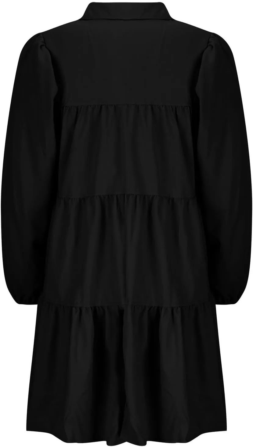 Womens Casual Button Down Shirt Dress Long Sleeve Collared Pleated Swing Mini Dresses Ruffle Hem Dress Plus Size Shirt Dress