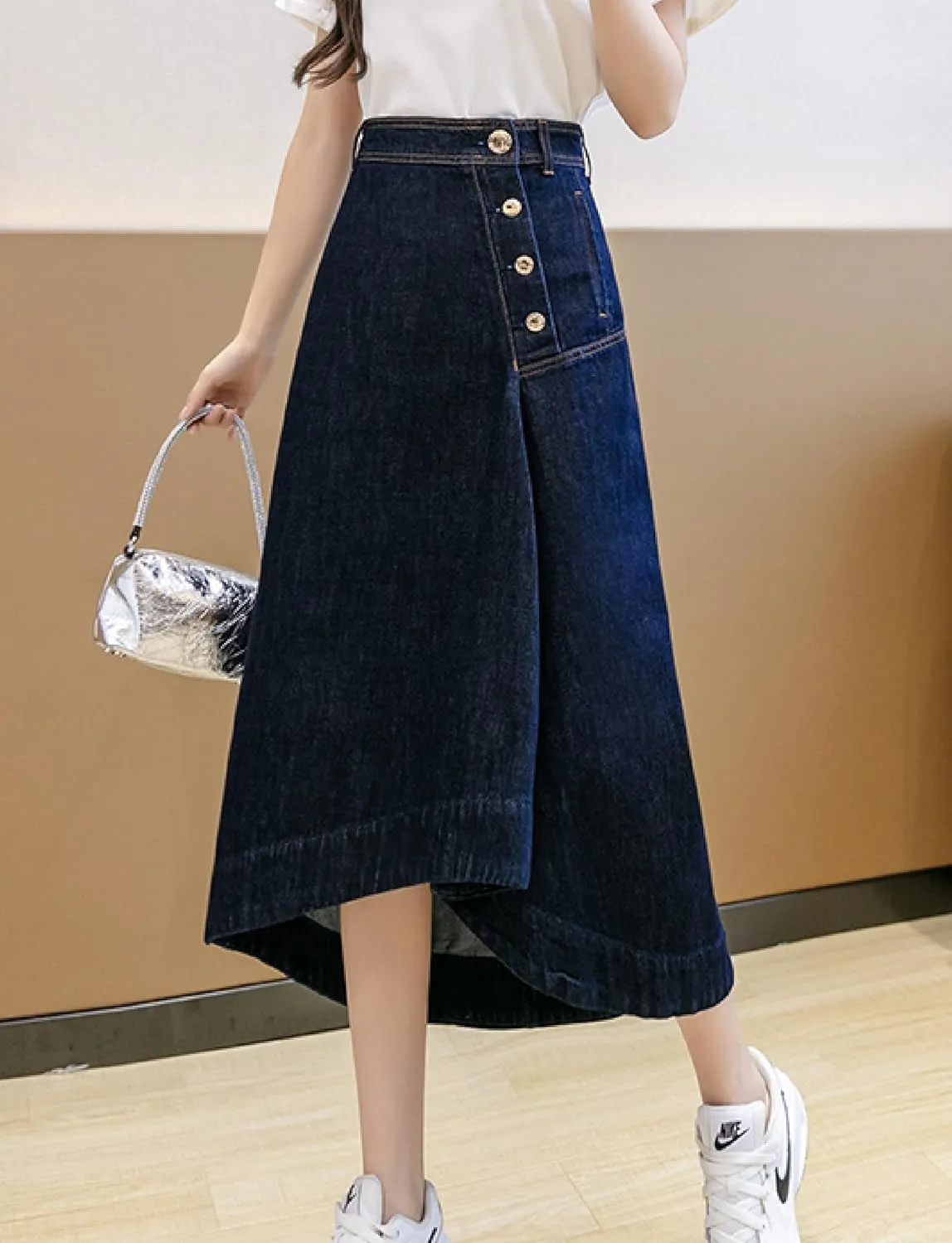Women's Casual High Waisted Solid Button Up Asymmetrical Split Front Denim Jean A-Line Skirt