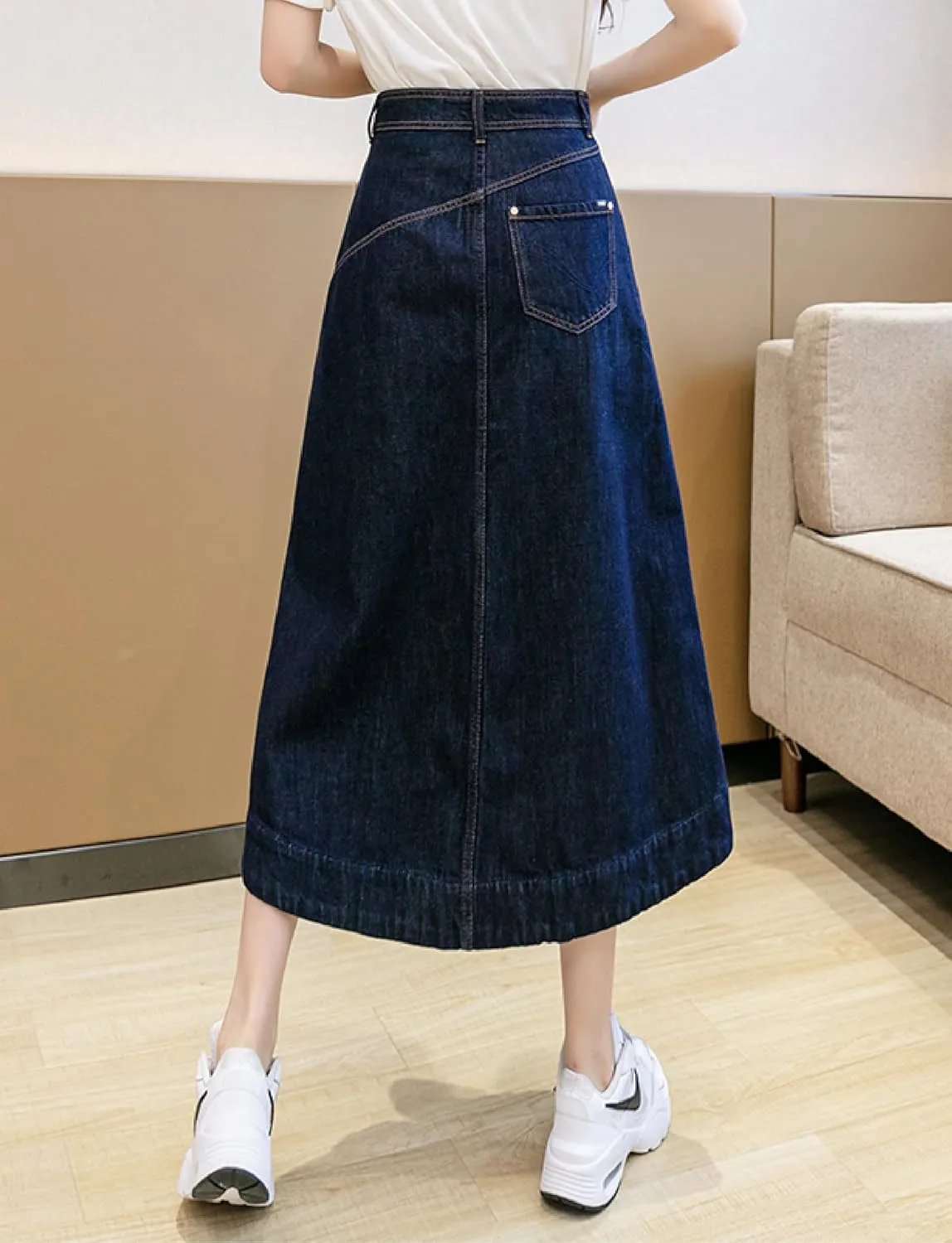 Women's Casual High Waisted Solid Button Up Asymmetrical Split Front Denim Jean A-Line Skirt
