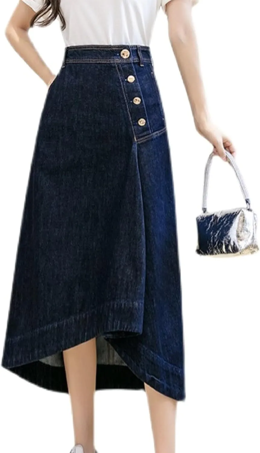 Women's Casual High Waisted Solid Button Up Asymmetrical Split Front Denim Jean A-Line Skirt