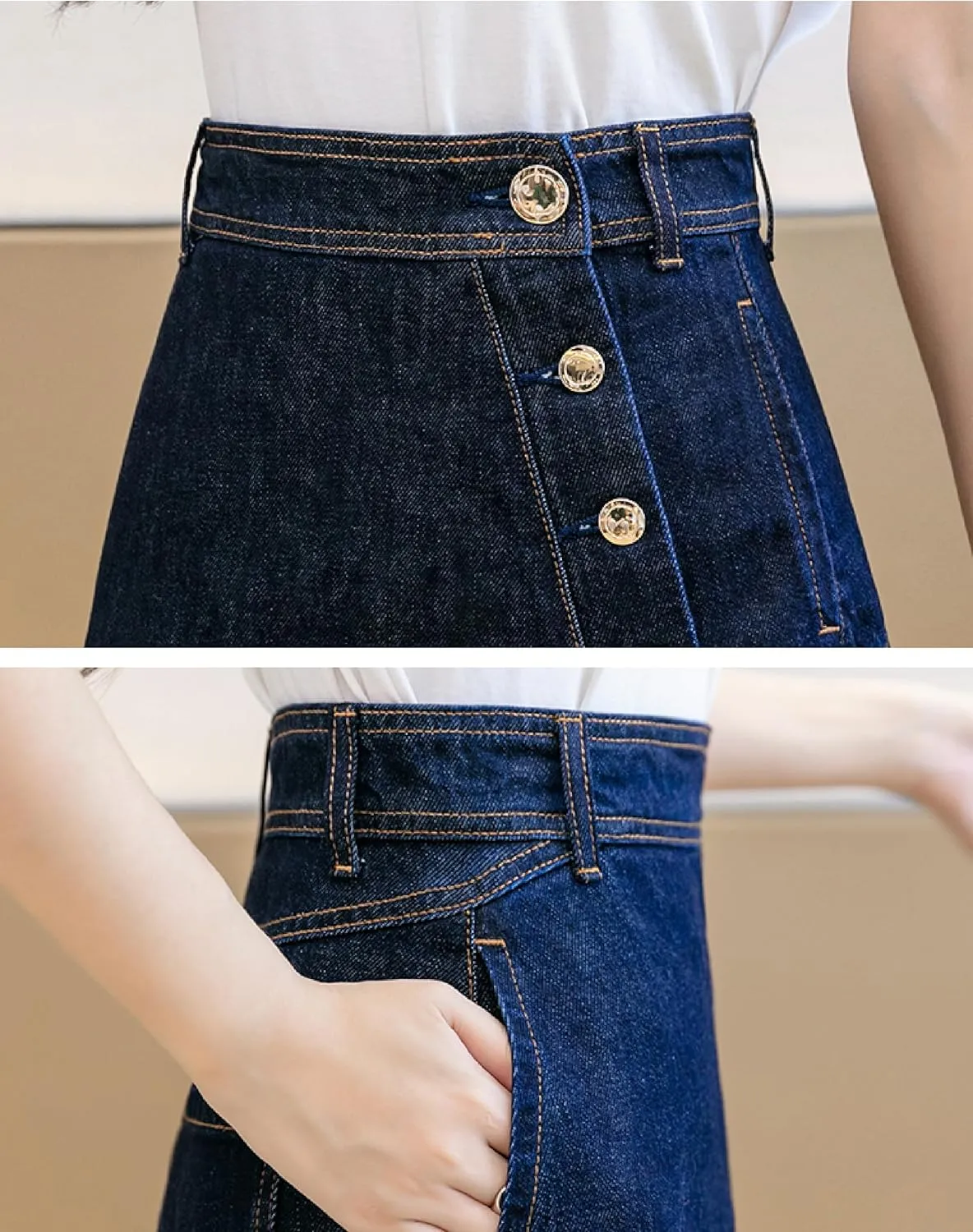 Women's Casual High Waisted Solid Button Up Asymmetrical Split Front Denim Jean A-Line Skirt