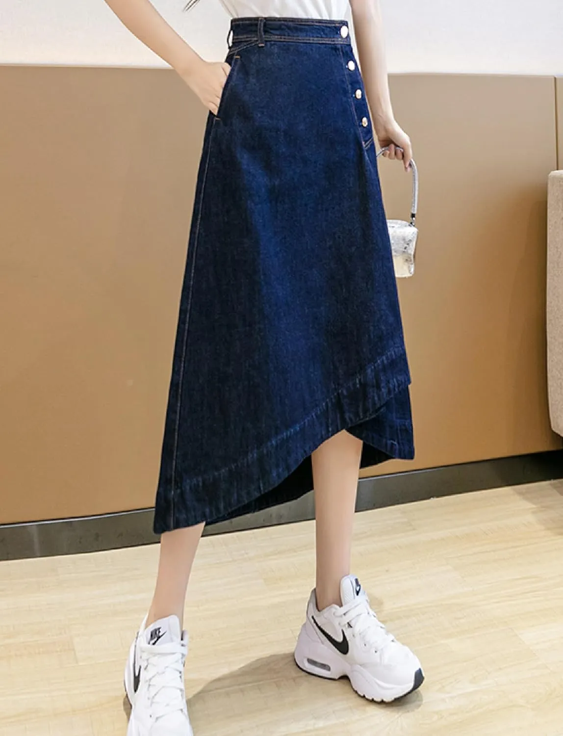 Women's Casual High Waisted Solid Button Up Asymmetrical Split Front Denim Jean A-Line Skirt