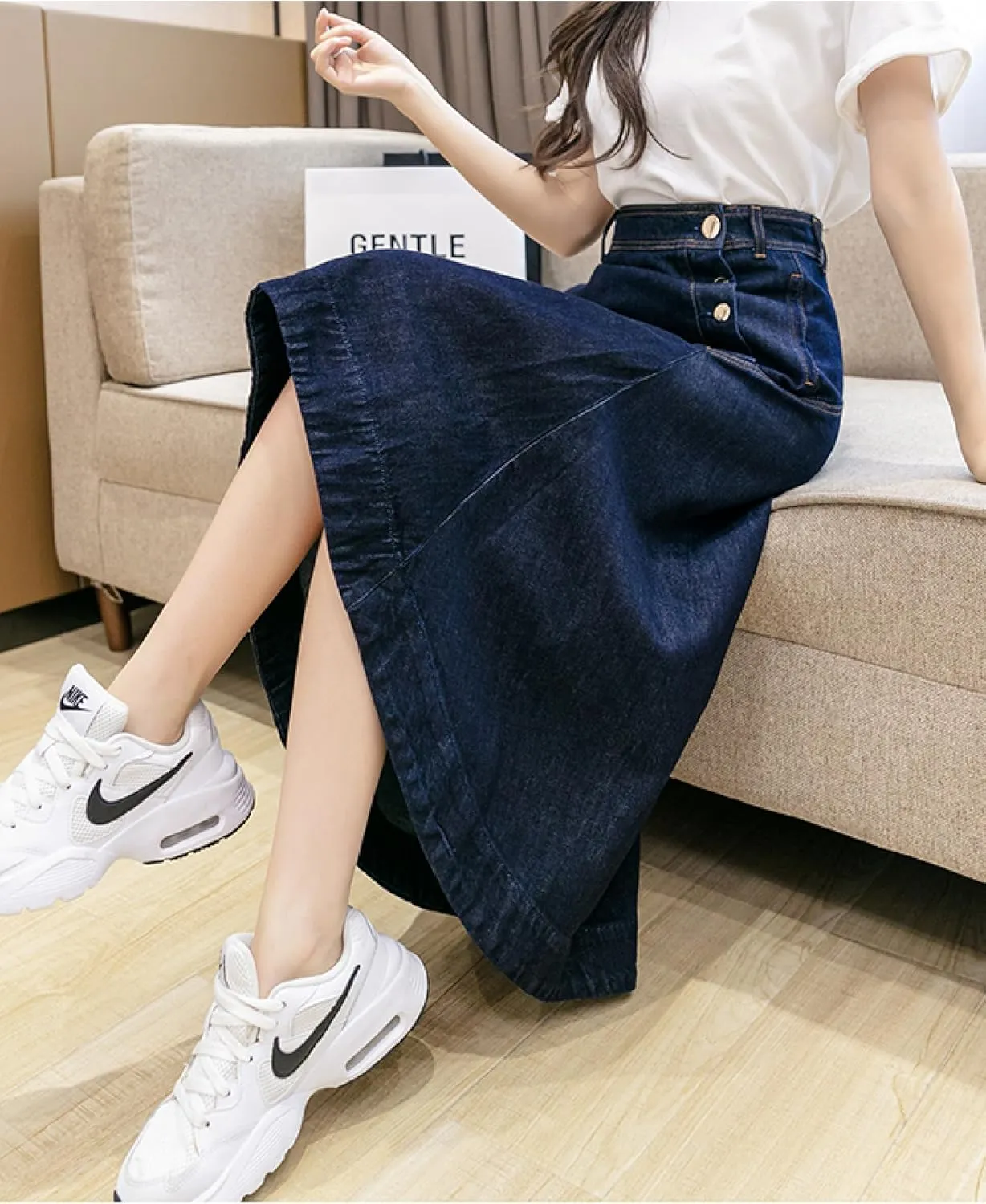 Women's Casual High Waisted Solid Button Up Asymmetrical Split Front Denim Jean A-Line Skirt