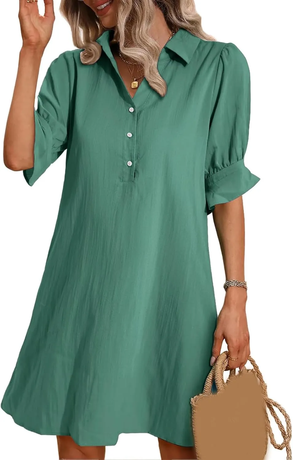 Womens Casual Shirt Dress Ruffle Sleeve Button Down Shirt Dress Summer Loose Mini Dresses for Women Solid Color