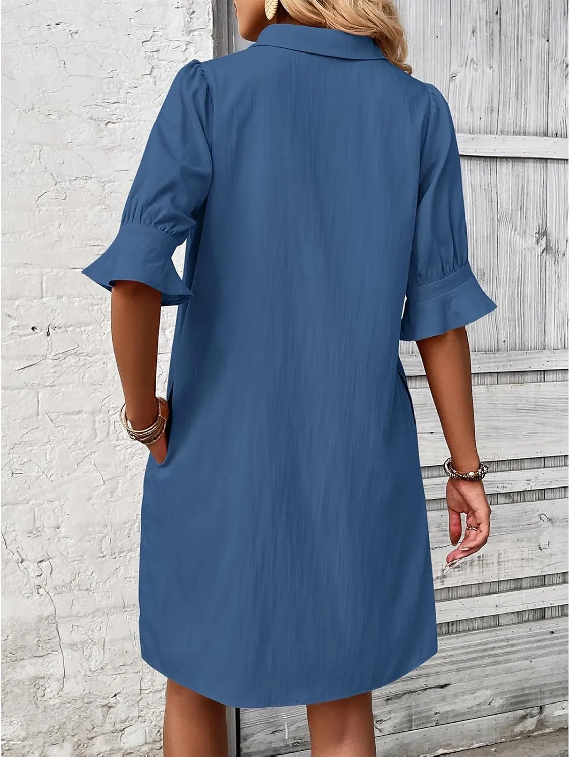 Womens Casual Shirt Dress Ruffle Sleeve Button Down Shirt Dress Summer Loose Mini Dresses for Women Solid Color