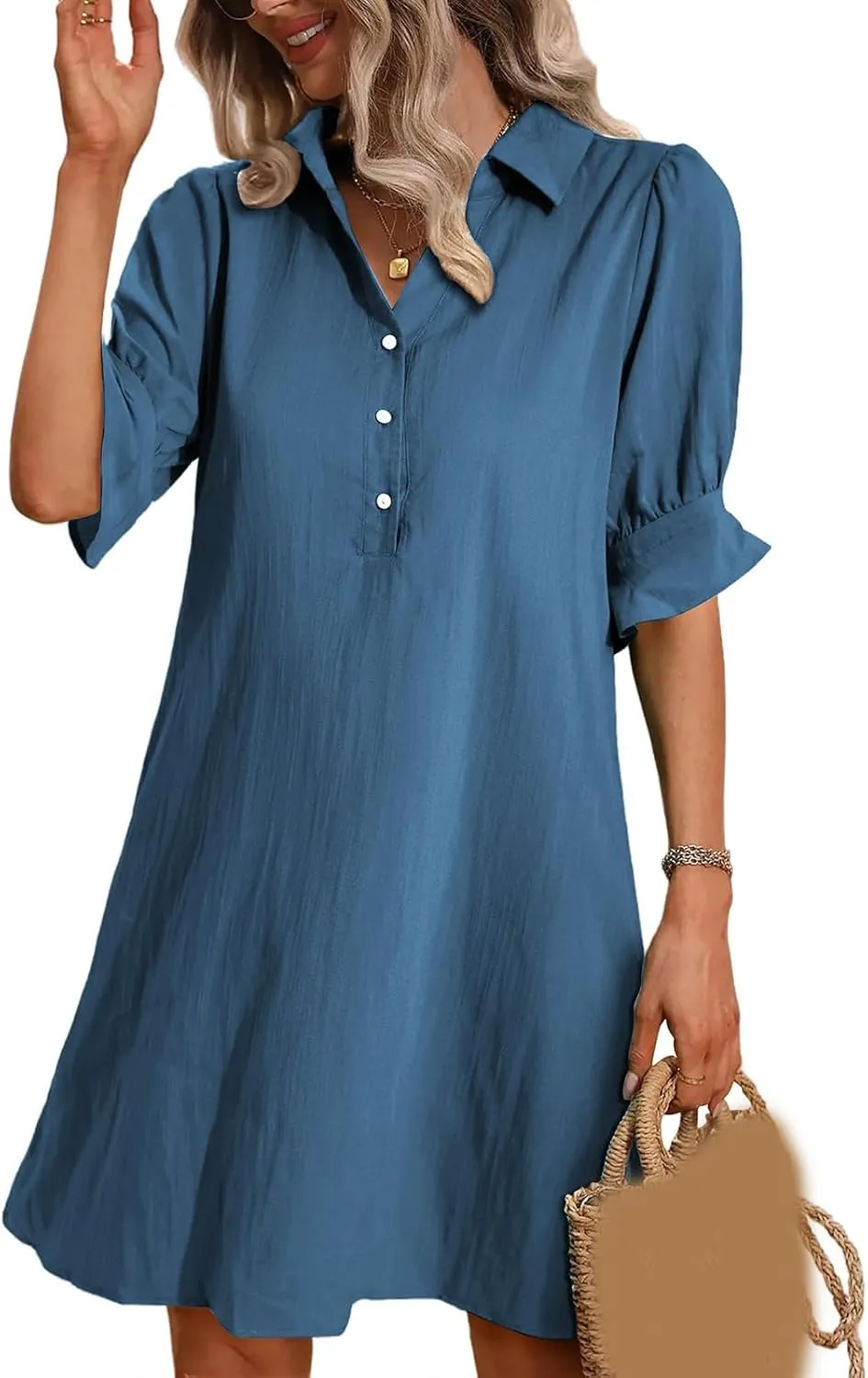 Womens Casual Shirt Dress Ruffle Sleeve Button Down Shirt Dress Summer Loose Mini Dresses for Women Solid Color