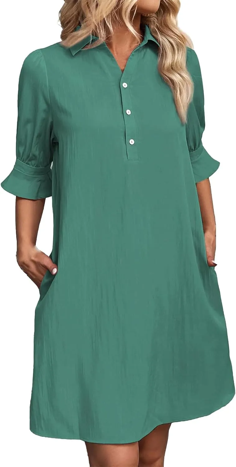 Womens Casual Shirt Dress Ruffle Sleeve Button Down Shirt Dress Summer Loose Mini Dresses for Women Solid Color
