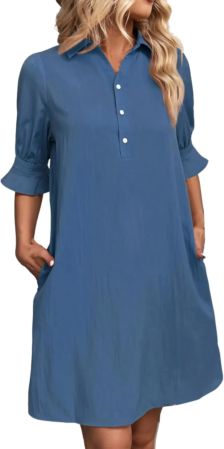 Womens Casual Shirt Dress Ruffle Sleeve Button Down Shirt Dress Summer Loose Mini Dresses for Women Solid Color