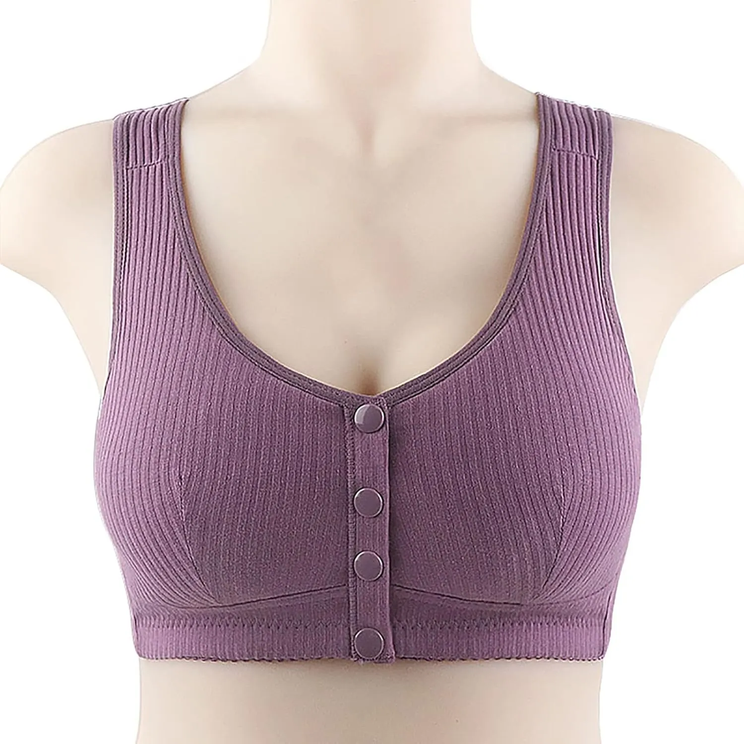 Women's Daisy Bra, Ribbed Everyday Cozy Bras, Women's Wire-Free Front Button Bra Back Full Coverage Comfort Easy Close Bras