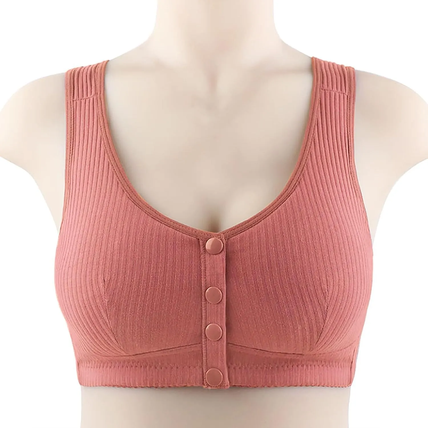 Women's Daisy Bra, Ribbed Everyday Cozy Bras, Women's Wire-Free Front Button Bra Back Full Coverage Comfort Easy Close Bras