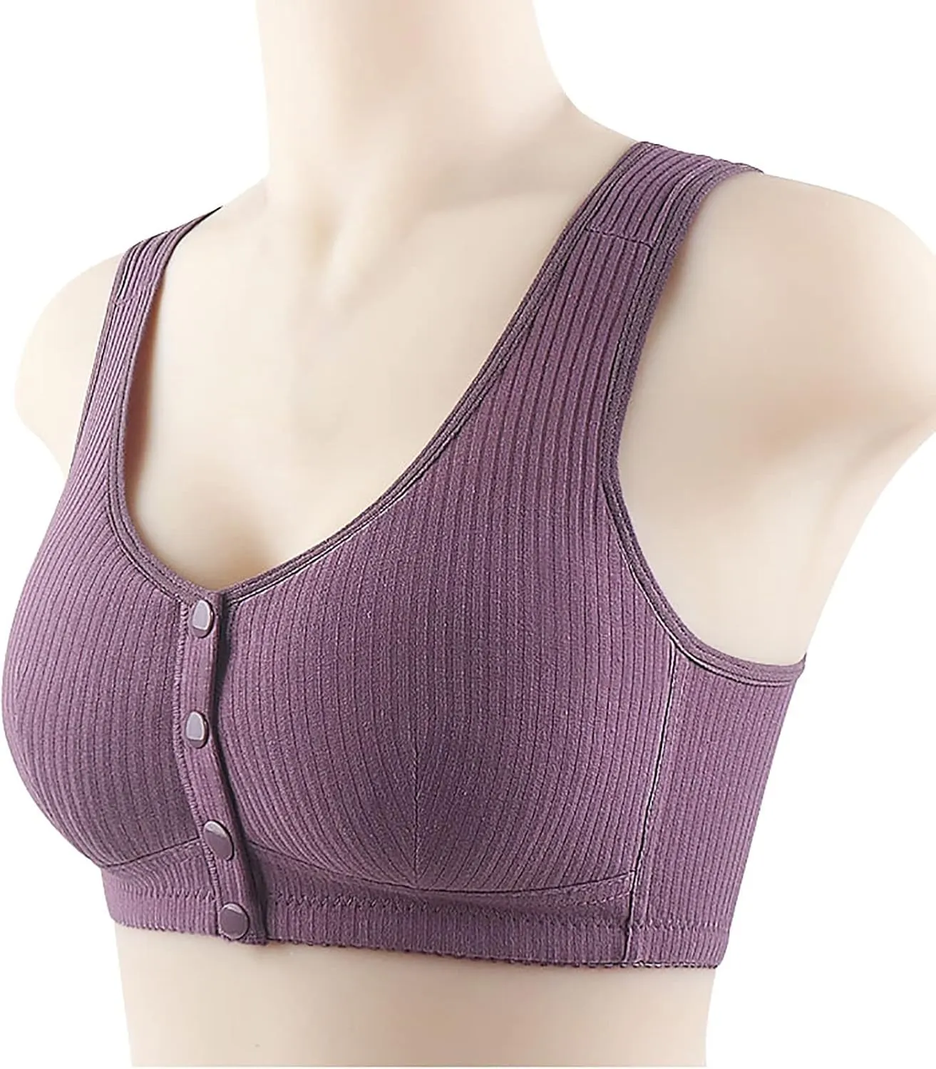 Women's Daisy Bra, Ribbed Everyday Cozy Bras, Women's Wire-Free Front Button Bra Back Full Coverage Comfort Easy Close Bras