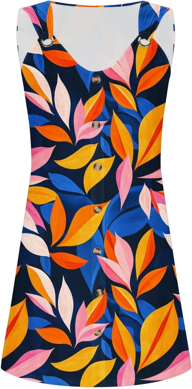 Womens Dresses Summer Sleeveless Floral Mini Dress Ruffle Hem V Neck Dress Holiday Party Dresses for Women