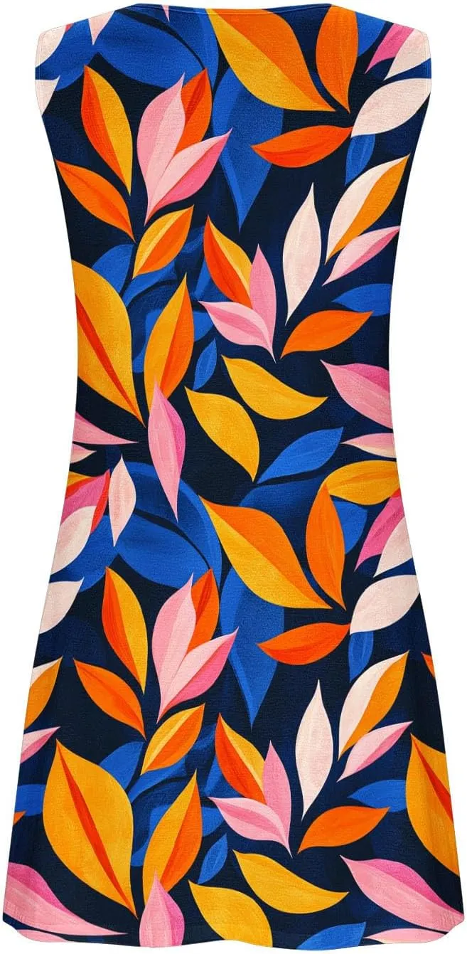 Womens Dresses Summer Sleeveless Floral Mini Dress Ruffle Hem V Neck Dress Holiday Party Dresses for Women
