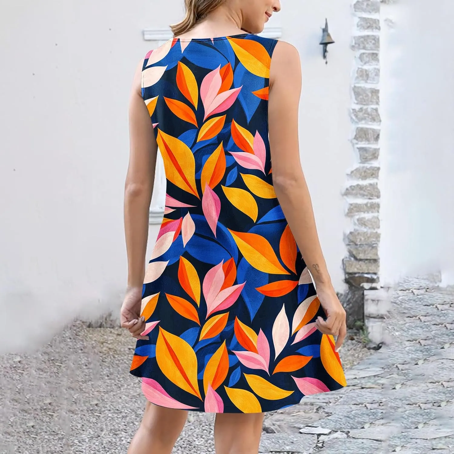 Womens Dresses Summer Sleeveless Floral Mini Dress Ruffle Hem V Neck Dress Holiday Party Dresses for Women