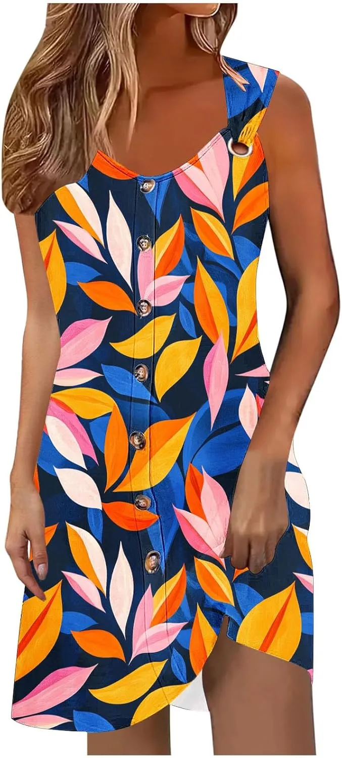 Womens Dresses Summer Sleeveless Floral Mini Dress Ruffle Hem V Neck Dress Holiday Party Dresses for Women