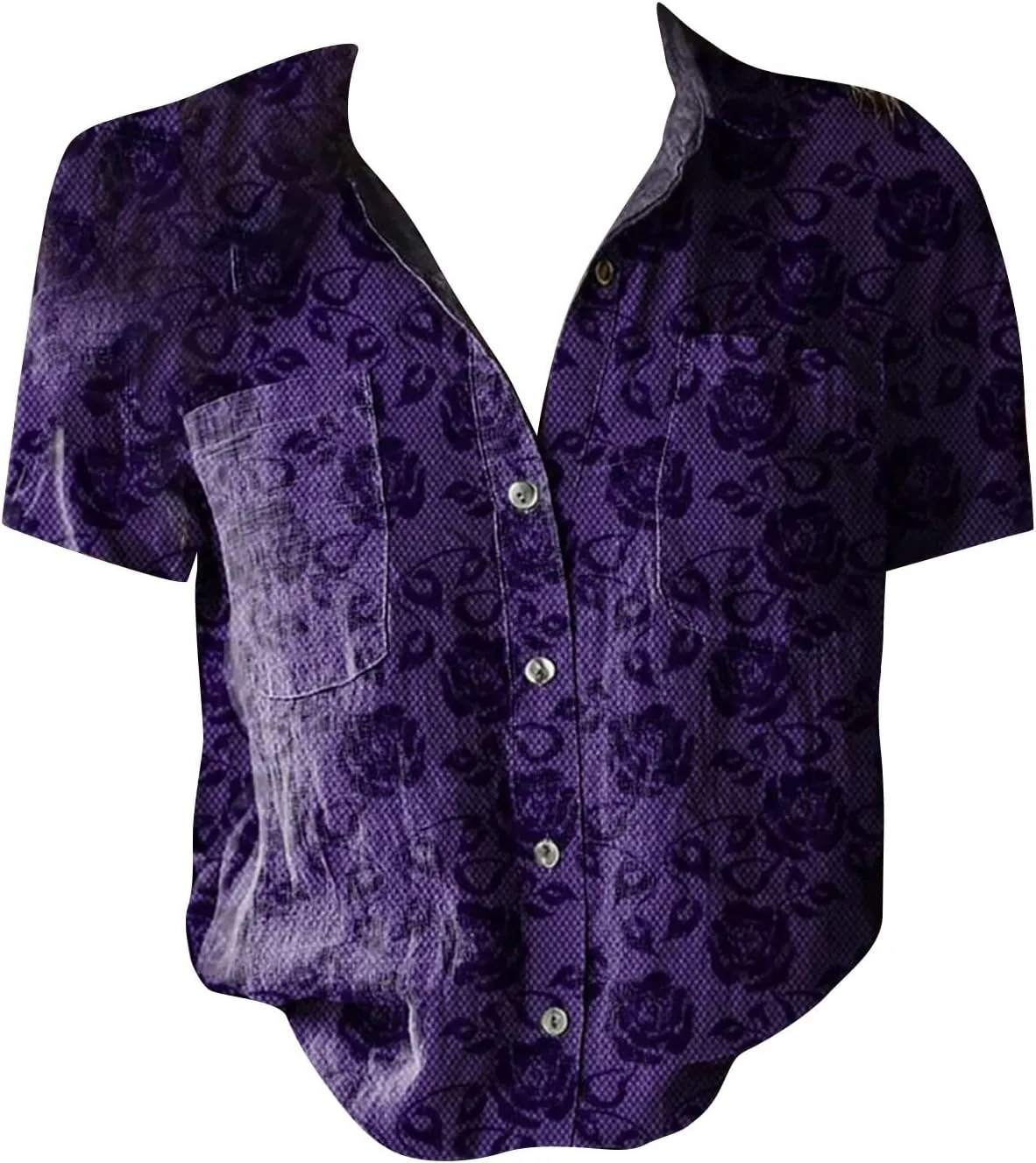 Women's Ethnic Shirts Floral Print Button Down Shirt Loose Fit Short Sleeve Linen Blouse Summer Boho Casual Tops