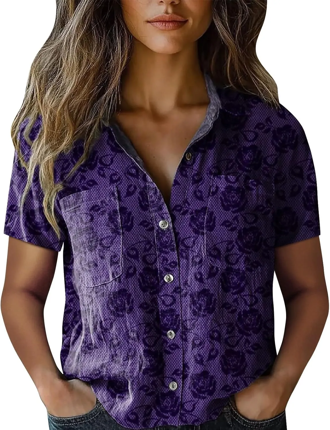 Women's Ethnic Shirts Floral Print Button Down Shirt Loose Fit Short Sleeve Linen Blouse Summer Boho Casual Tops