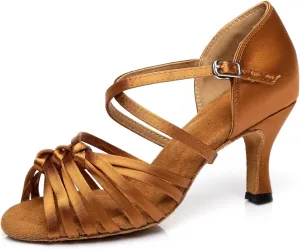 Women's Fashion Peep Toe Satin Ballroom Rumba Party Wedding Practice Professional Dance Shoes Bronze US 4