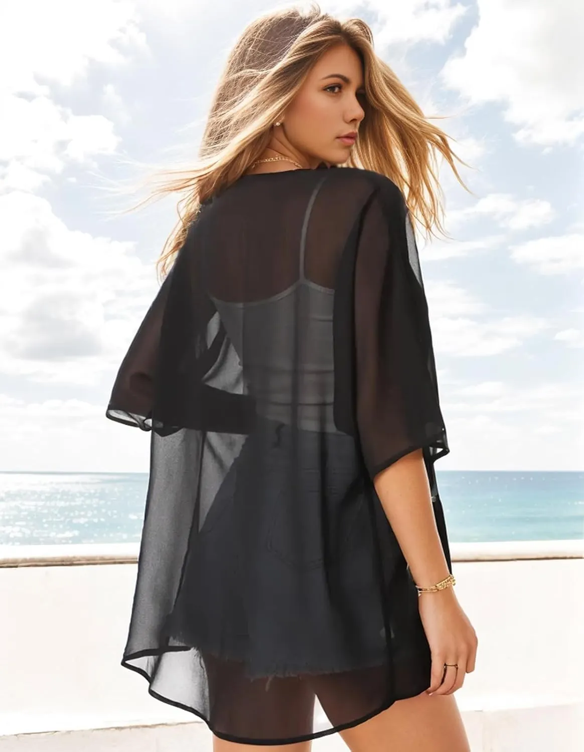 Women's Floral Print Puff Sleeve Kimono Cardigan Loose Cover Up Casual Blouse Tops