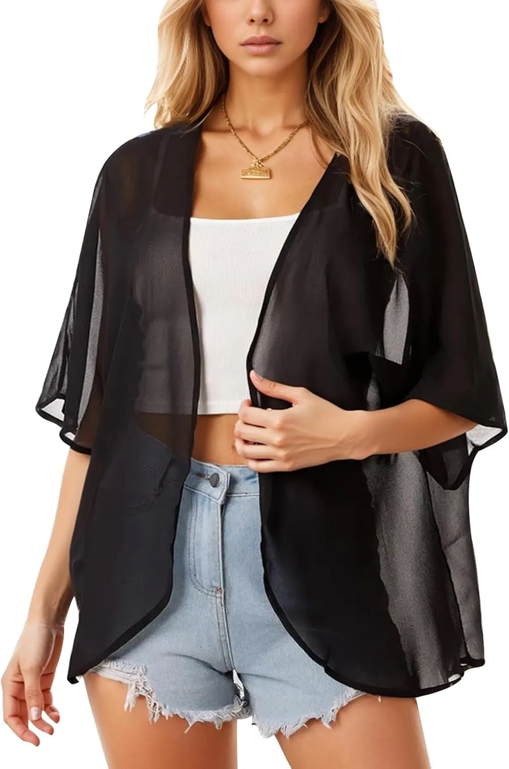 Women's Floral Print Puff Sleeve Kimono Cardigan Loose Cover Up Casual Blouse Tops