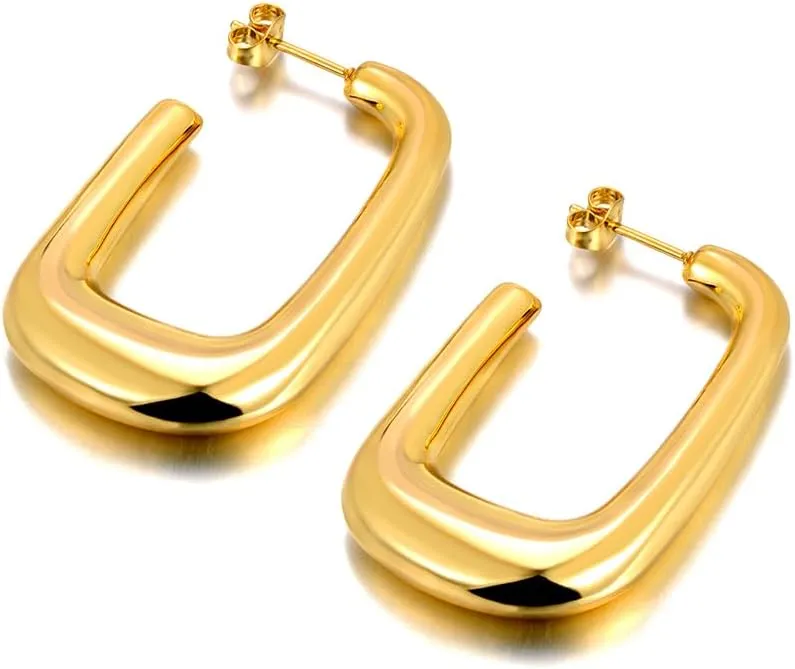 Women's Gold Color 316L Stainless Steel Large Rectangular Hoop Earrings, Minimalist Geometric, 27x20mm