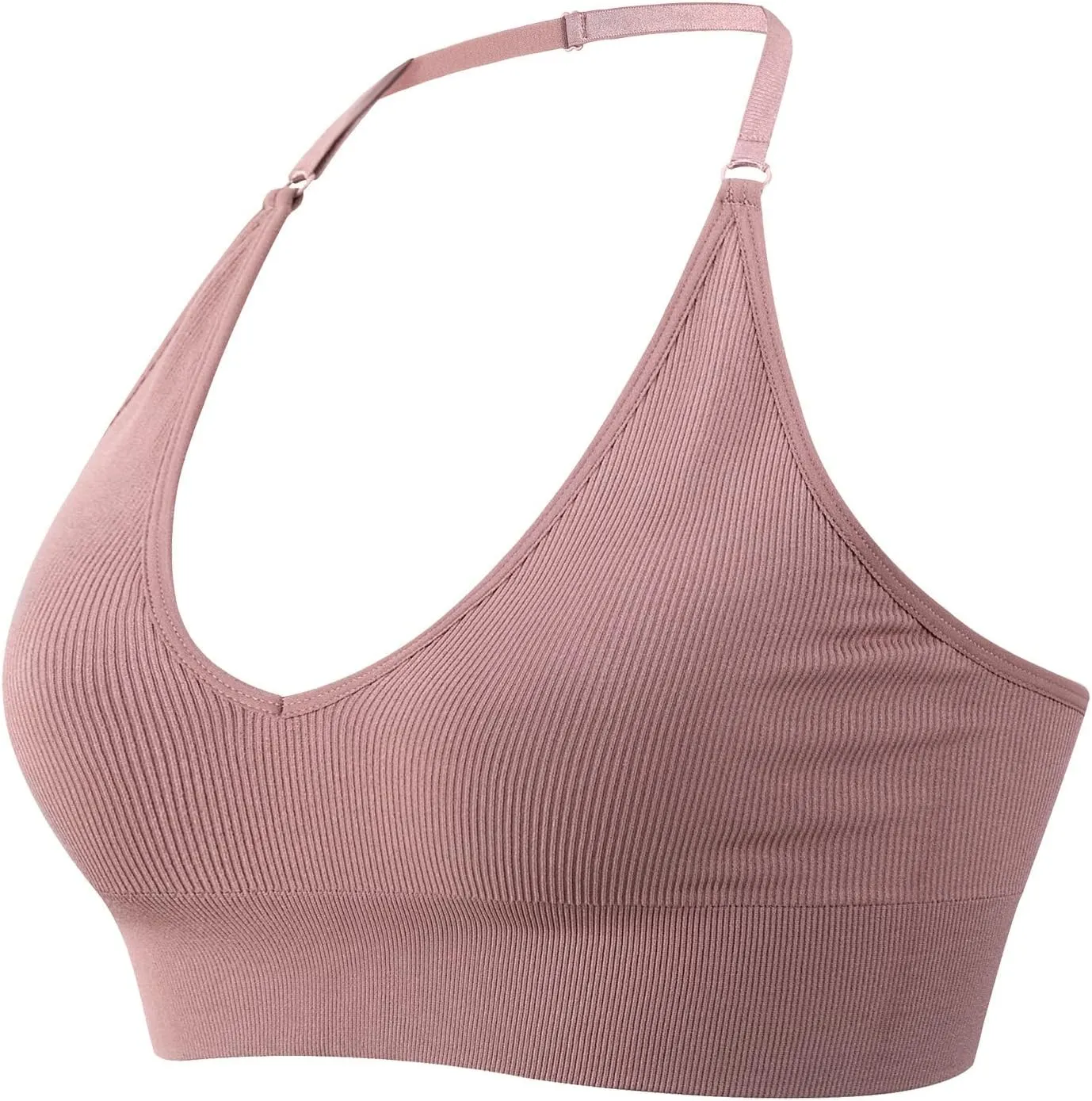 Women's Halterneck Sports Bra Backless Deep V Neck Gym Push Up Bustier No Underwire Adjustable Spaghetti Straps Workout Bra