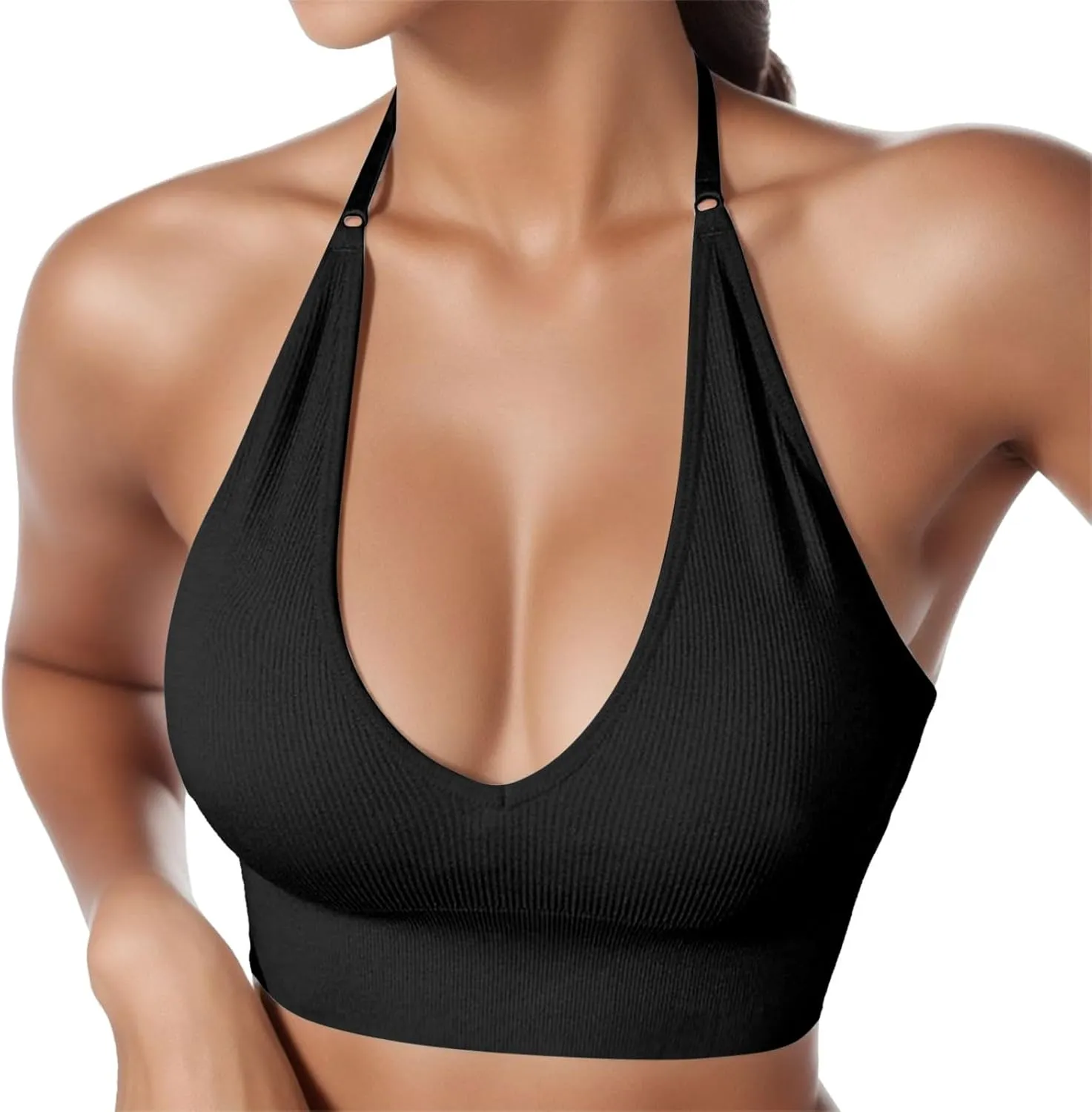 Women's Halterneck Sports Bra Backless Deep V Neck Gym Push Up Bustier No Underwire Adjustable Spaghetti Straps Workout Bra
