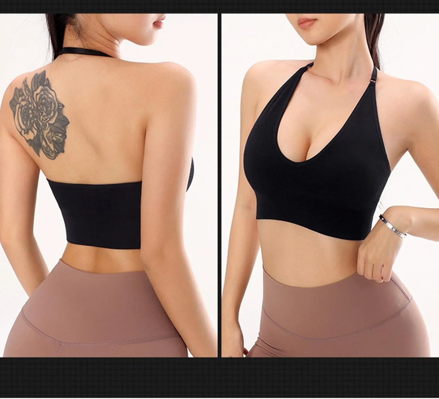Women's Halterneck Sports Bra Backless Deep V Neck Gym Push Up Bustier No Underwire Adjustable Spaghetti Straps Workout Bra