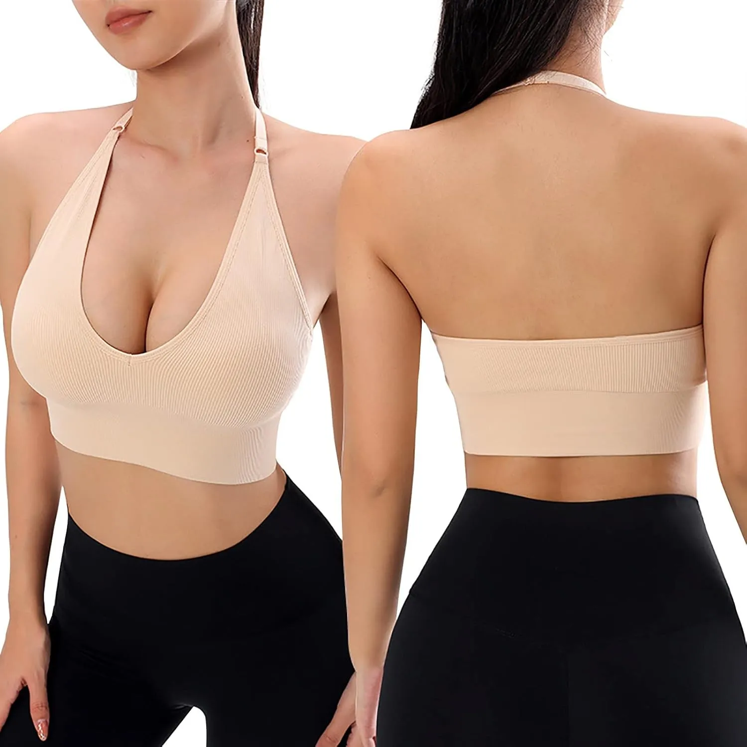 Women's Halterneck Sports Bra Backless Deep V Neck Gym Push Up Bustier No Underwire Adjustable Spaghetti Straps Workout Bra