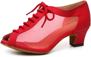 Women's Lace-up Breathable Mesh Open Toe Ballroom Tango Samba Party Wedding Practice Dance Shoes