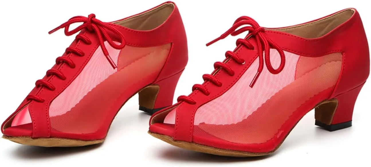 Women's Lace-up Breathable Mesh Open Toe Ballroom Tango Samba Party Wedding Practice Dance Shoes
