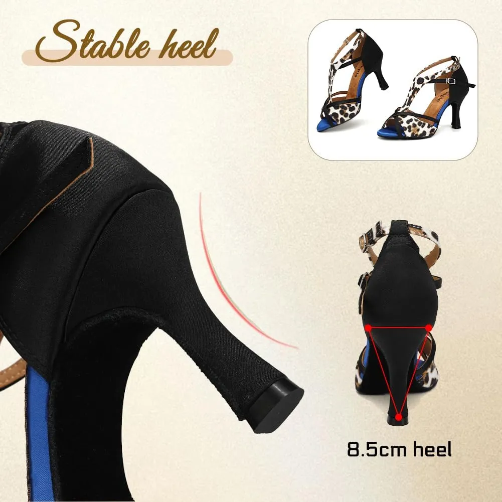 Women's Latin Ballroom Dancing Shoes T-Strap Salsa Ballroom Dance Heel 3 1/2 Inch