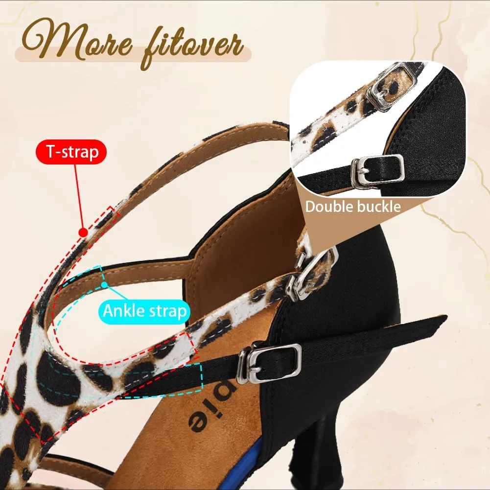 Women's Latin Ballroom Dancing Shoes T-Strap Salsa Ballroom Dance Heel 3 1/2 Inch
