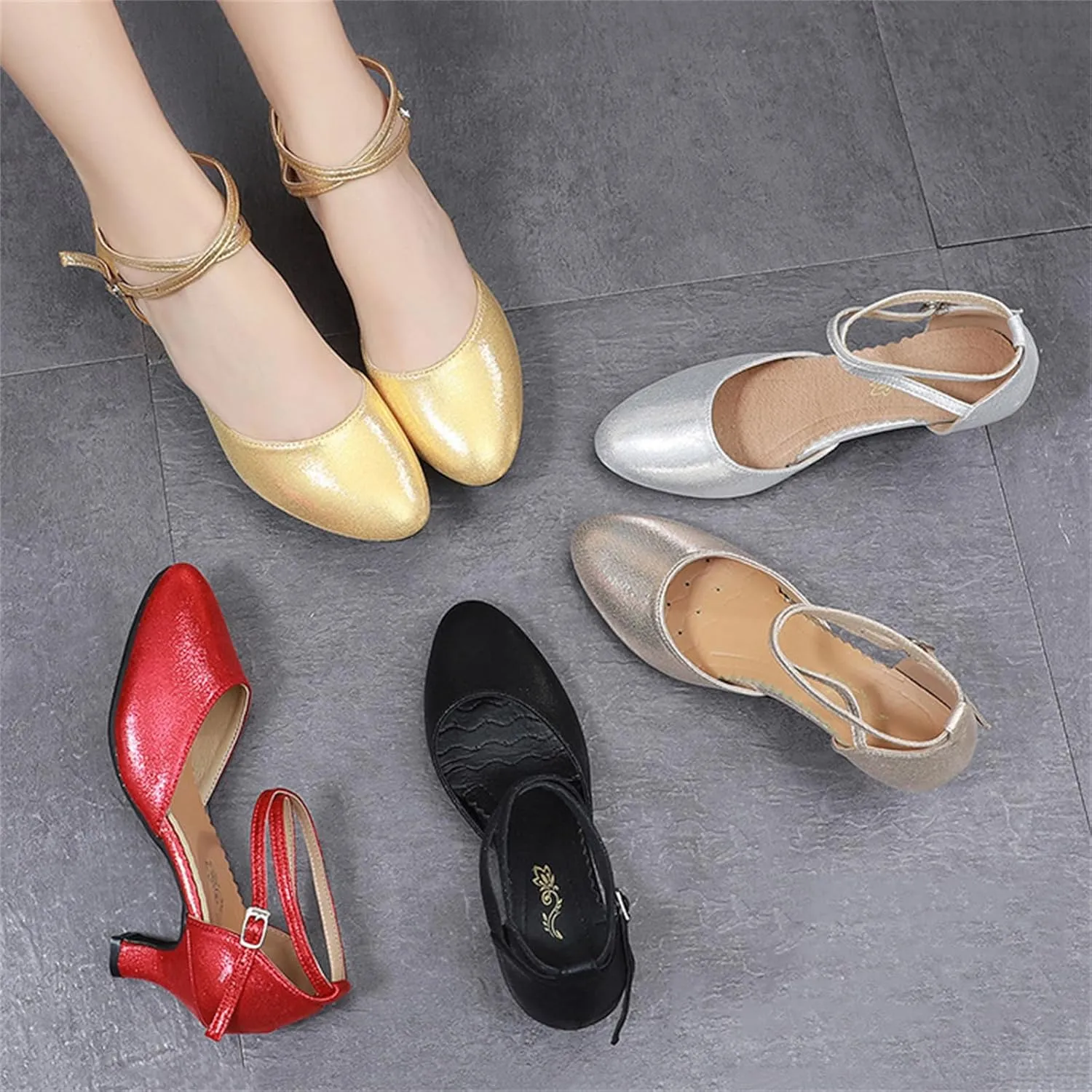 Women's Latin Dance Shoes Performance Ballroom Standard Adult Low Mid-Heeled Soft Thick Sole Closed Toe Modern Dancing Shoes