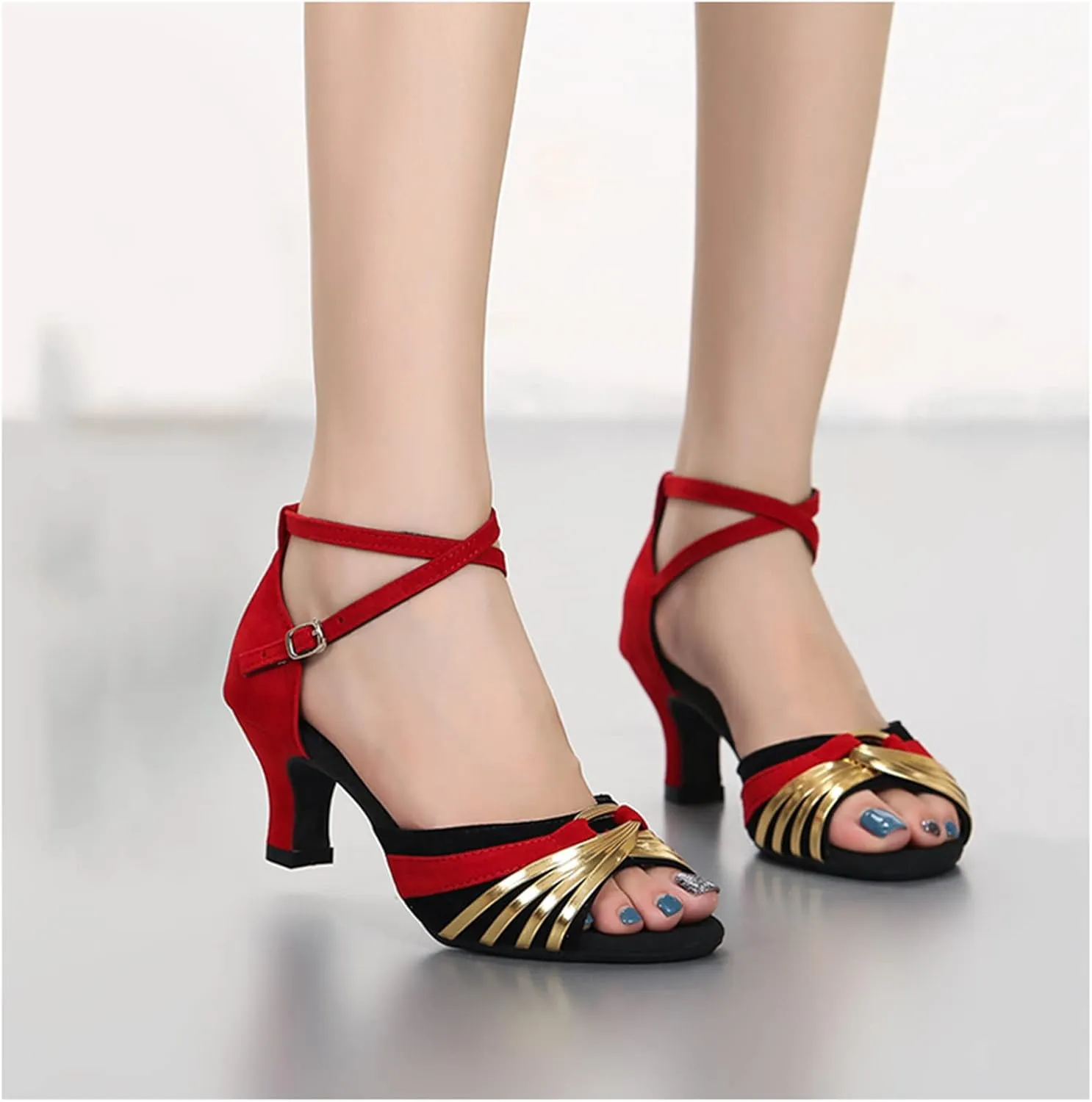 Women's Latin Dance Shoes Standard Ballroom Medium Heel Soft Sole Open Toe Non-Slip Synthetic Leather Upper Dancing Shoes