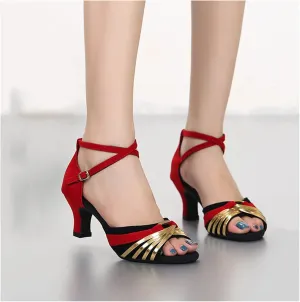 Women's Latin Dance Shoes Standard Ballroom Medium Heel Soft Sole Open Toe Non-Slip Synthetic Leather Upper Dancing Shoes
