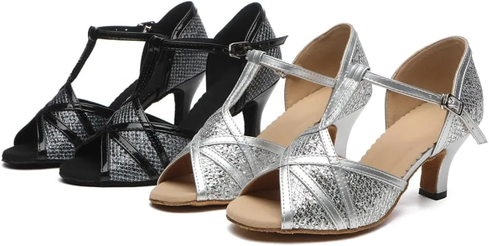 Women's Latin Dance Shoes T-Strap Salsa Ballroom Dance Heel Performance Dancing Shoes, Model YCL517