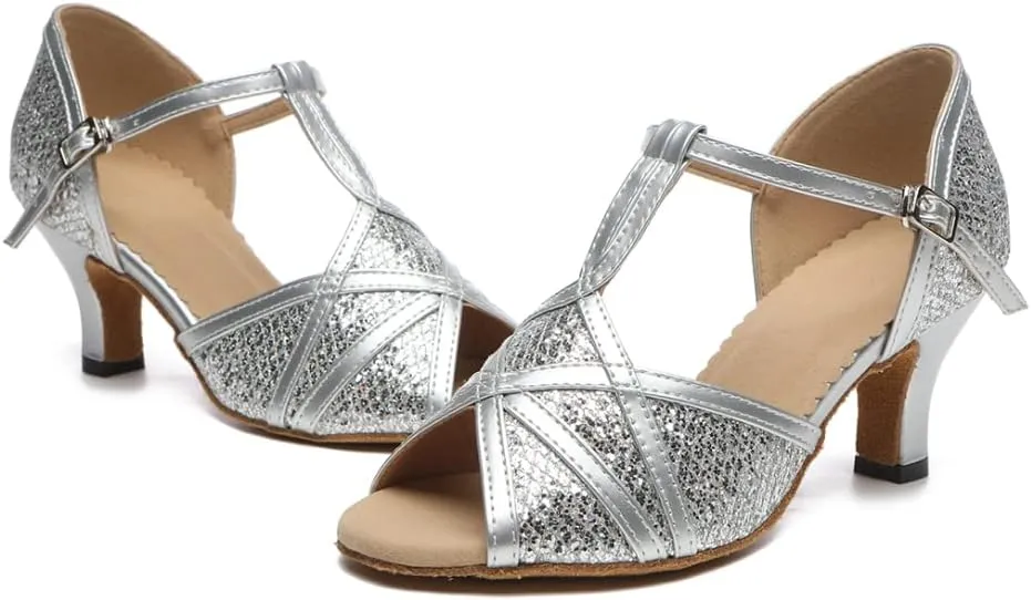 Women's Latin Dance Shoes T-Strap Salsa Ballroom Dance Heel Performance Dancing Shoes, Model YCL517