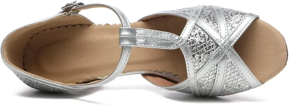 Women's Latin Dance Shoes T-Strap Salsa Ballroom Dance Heel Performance Dancing Shoes, Model YCL517