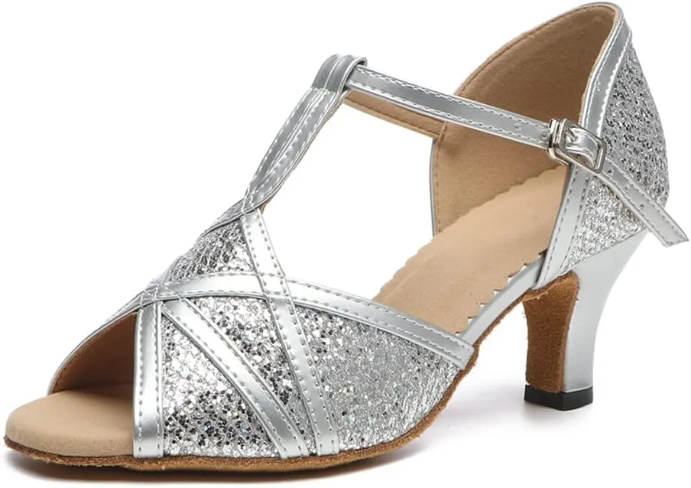 Women's Latin Dance Shoes T-Strap Salsa Ballroom Dance Heel Performance Dancing Shoes, Model YCL517