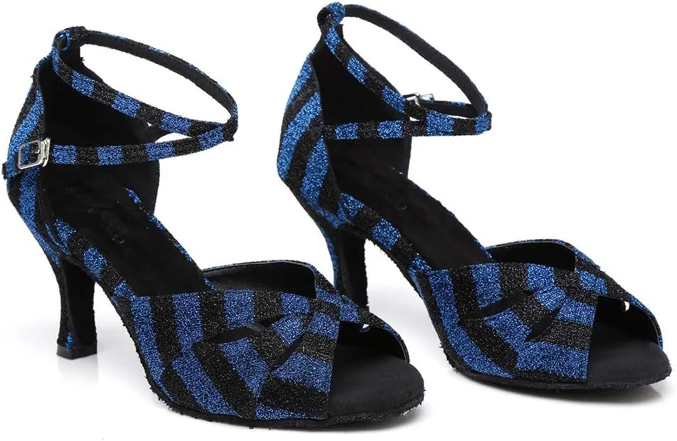 Women's Latin Salsa Dance Shoes Open Toe Ballroom Bachata Sparkly Dancing Shoes Model L294