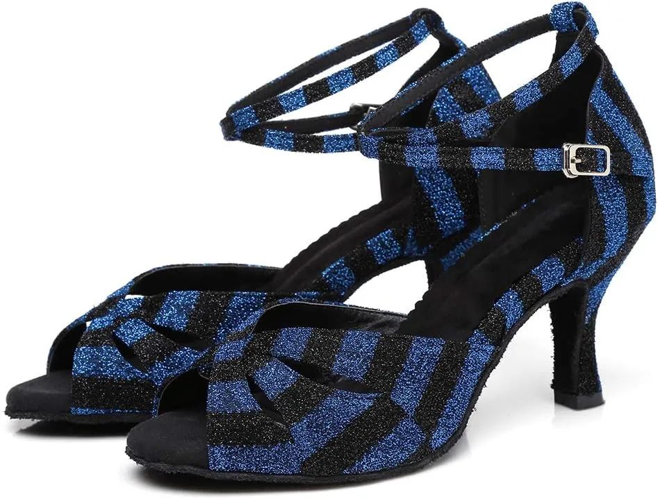 Women's Latin Salsa Dance Shoes Open Toe Ballroom Bachata Sparkly Dancing Shoes Model L294