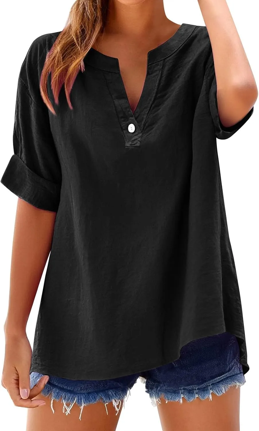 Womens Linen Button Down Shirts V Neck Short Sleeve Oversized Boyfriend Solid Tops Work Blouses Casual Dressy Tunics
