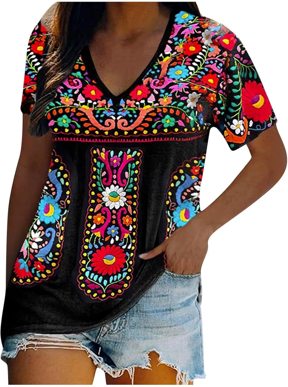Women's Mexican Embroidered Shirt Ladies Ethnic Style Tops Summer Short Sleeve Boho Floral Print Tunics Blouse