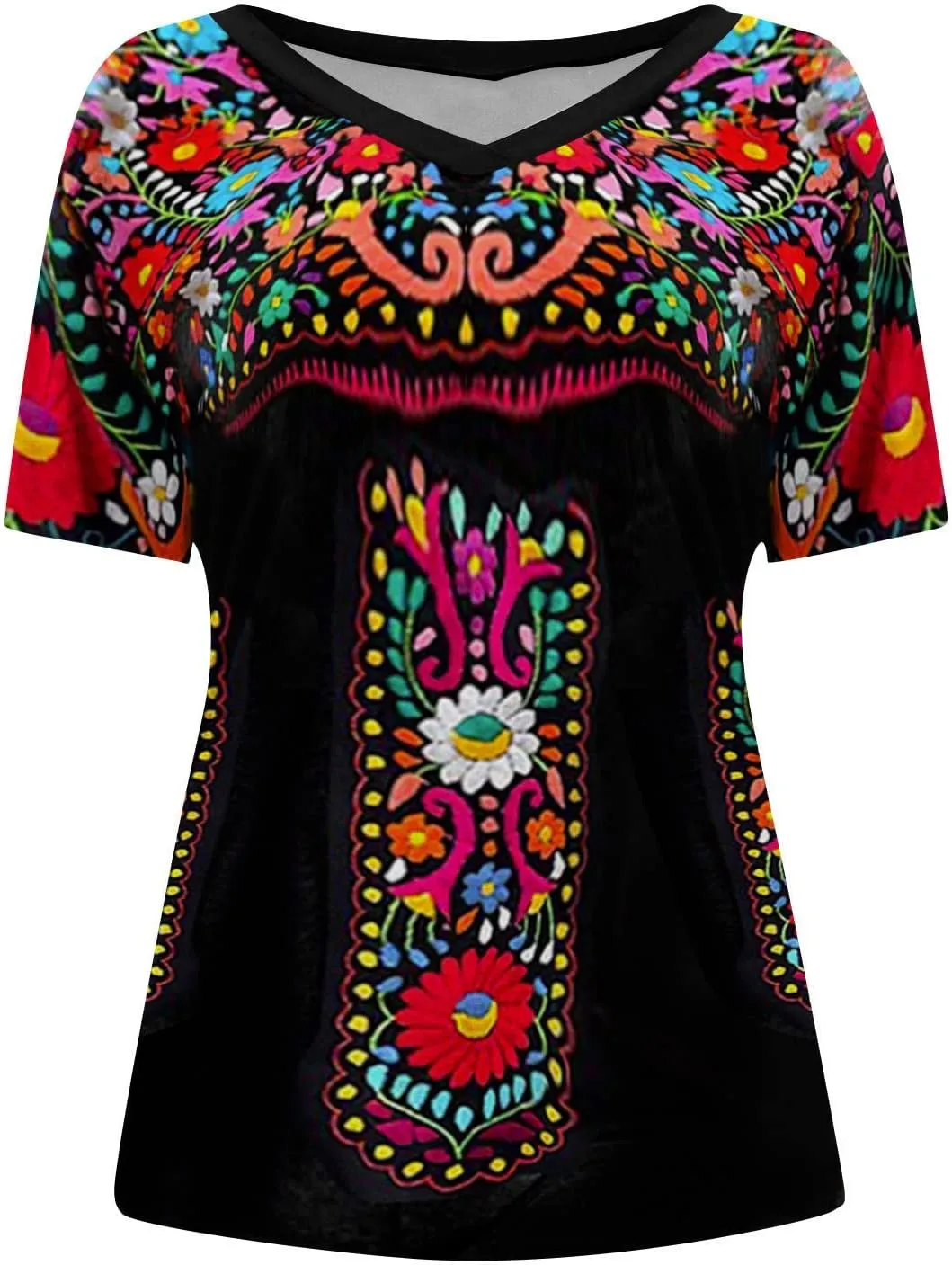 Women's Mexican Embroidered Shirt Ladies Ethnic Style Tops Summer Short Sleeve Boho Floral Print Tunics Blouse