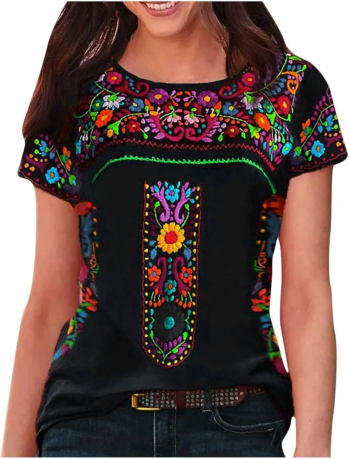 Women's Mexican Embroidered Shirt Ladies Ethnic Style Tops Summer Short Sleeve Boho Floral Print Tunics Blouse