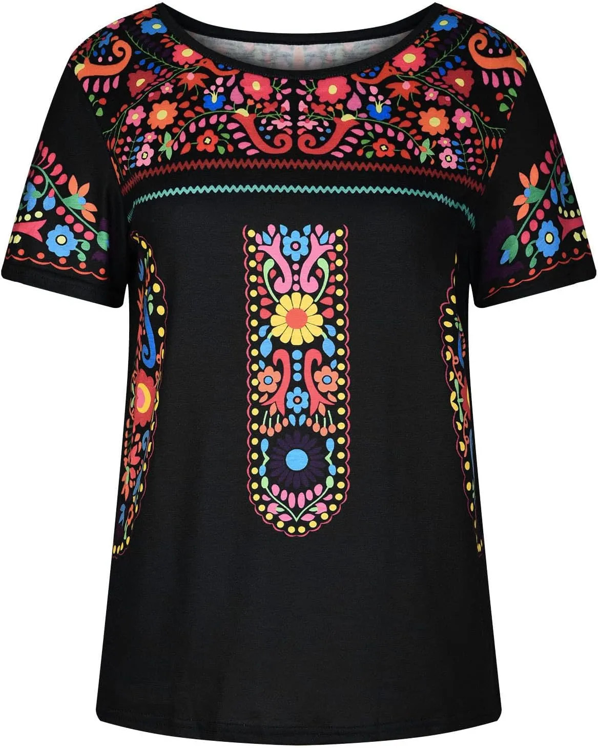 Women's Mexican Embroidered Shirt Ladies Ethnic Style Tops Summer Short Sleeve Boho Floral Print Tunics Blouse