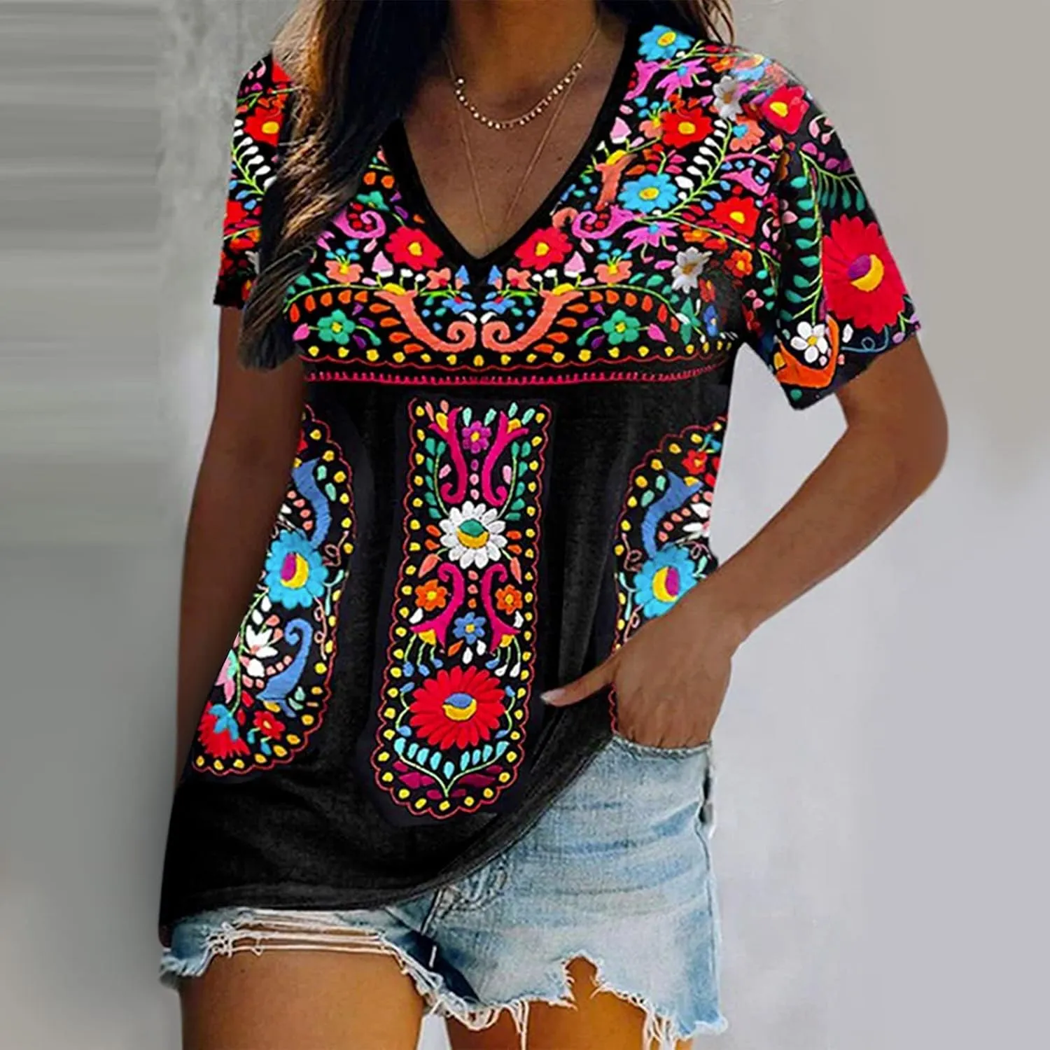 Women's Mexican Embroidered Shirt Ladies Ethnic Style Tops Summer Short Sleeve Boho Floral Print Tunics Blouse